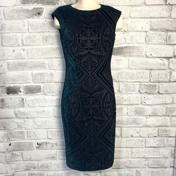 Vince Camuto Green Velvet Burnout Cap Sleeve Bodycon Sheath Dress - Picture 1 of 16